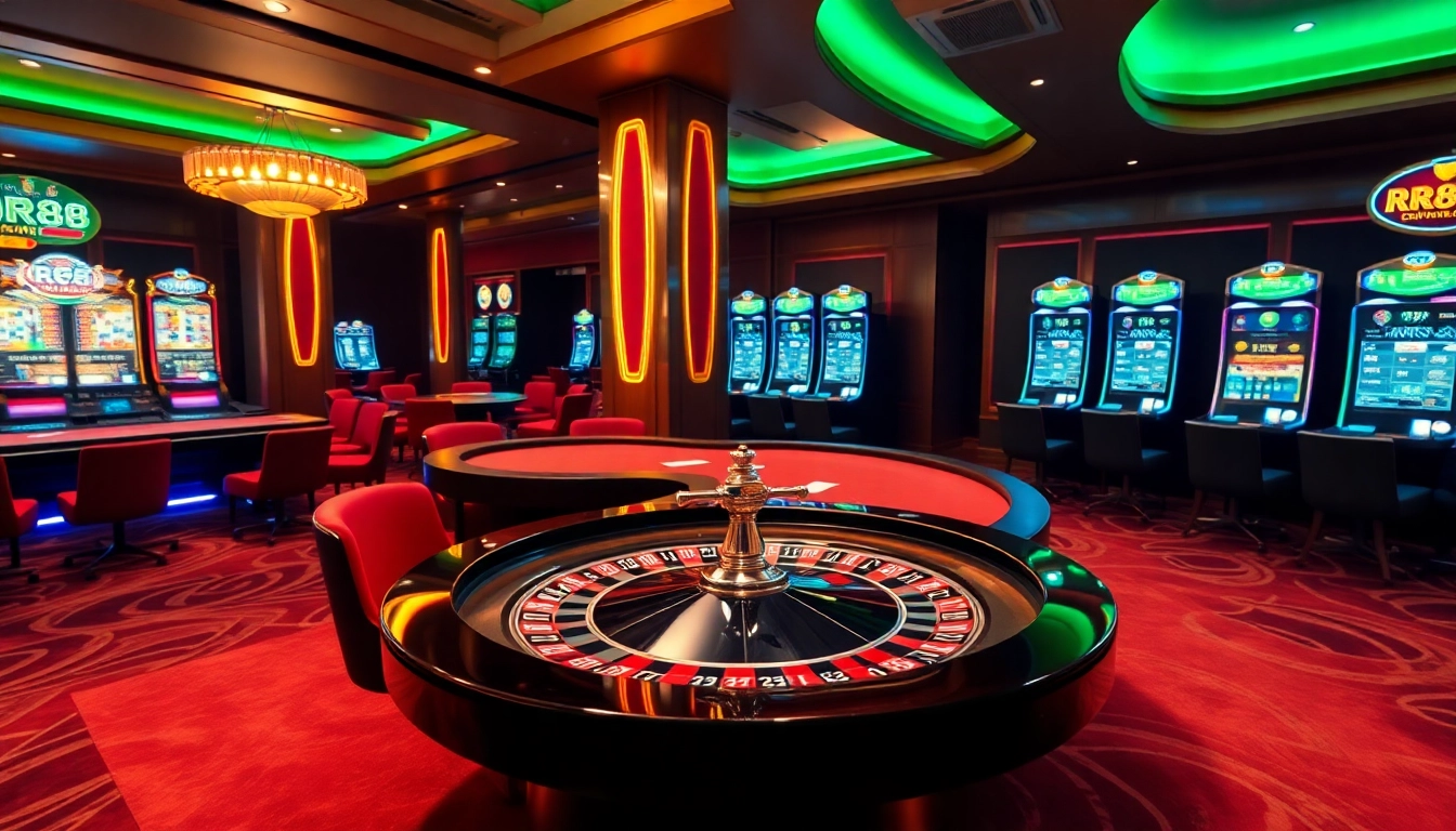 RR88 players enjoying a vibrant casino atmosphere with roulette, poker, and slot machines.