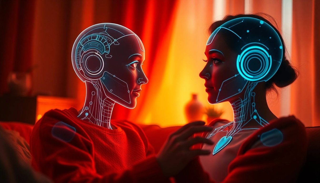 Engaging scene of ai sex chat with a user interacting with a friendly holographic AI in an intimate setting.
