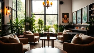 Association cannabis shop Madrid avec un intérieur élégant, montrant des sièges confortables et une atmosphère accueillante.