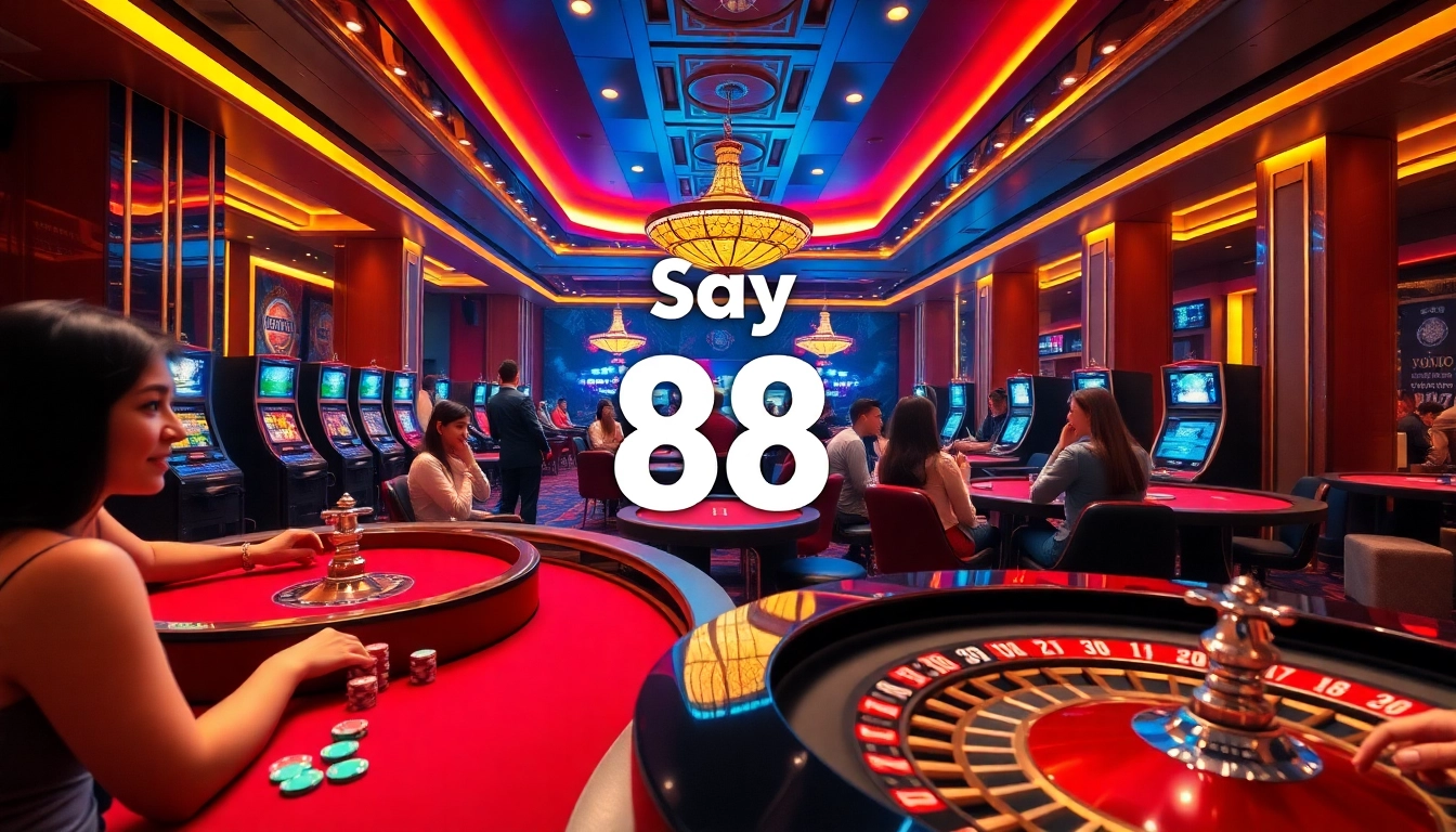 Engaged players enjoying a vibrant casino atmosphere at say 88 with poker chips and roulette.