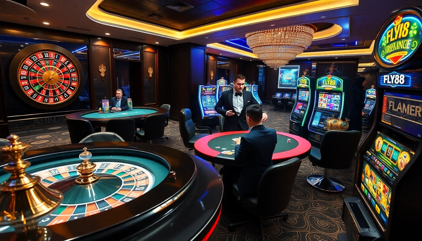 FLY88 players experiencing excitement at a casino table with roulette and poker chips.