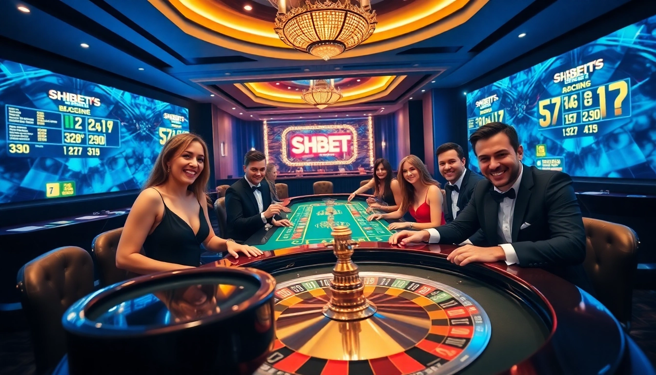Engage with the SHBET casino experience featuring players at a vibrant gaming table with roulette and poker elements.