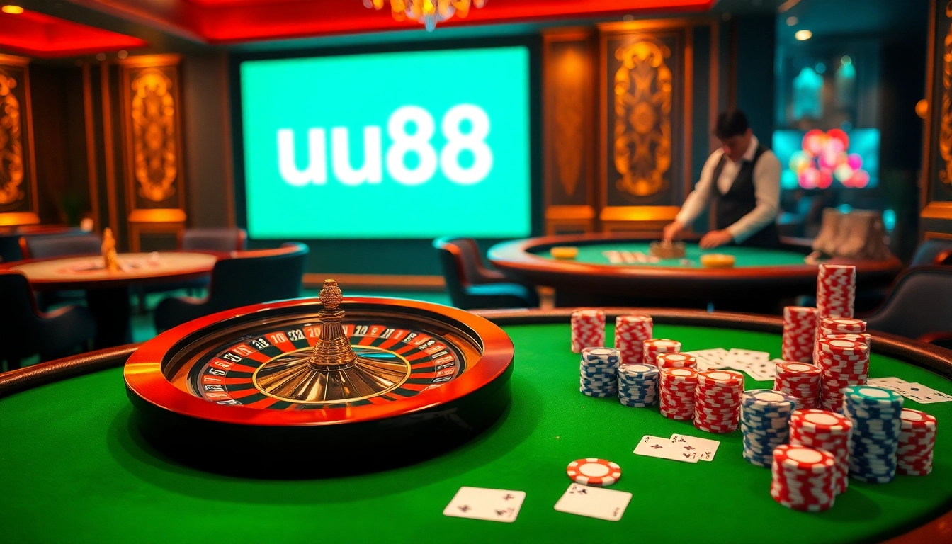 Play at uu88 online casino, featuring vibrant poker chips and a roulette wheel.