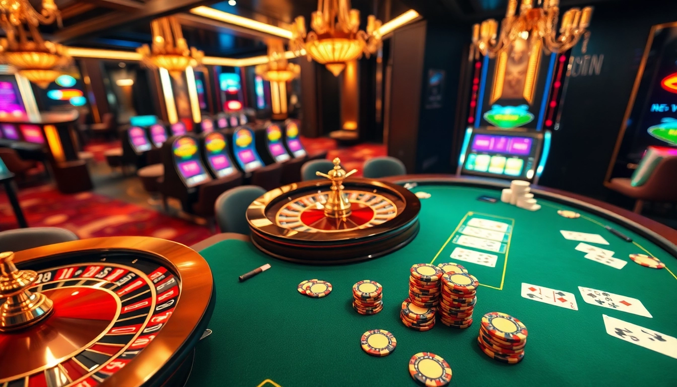 An exciting poker game at mk8th.net featuring high stakes, colorful chips, and a luxurious casino atmosphere.