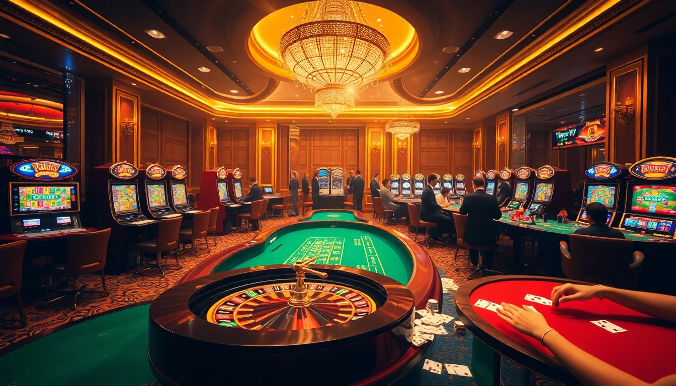 Experience the thrill of fun79 com with vibrant casino scenes featuring roulette, slots, and players immersed in games.