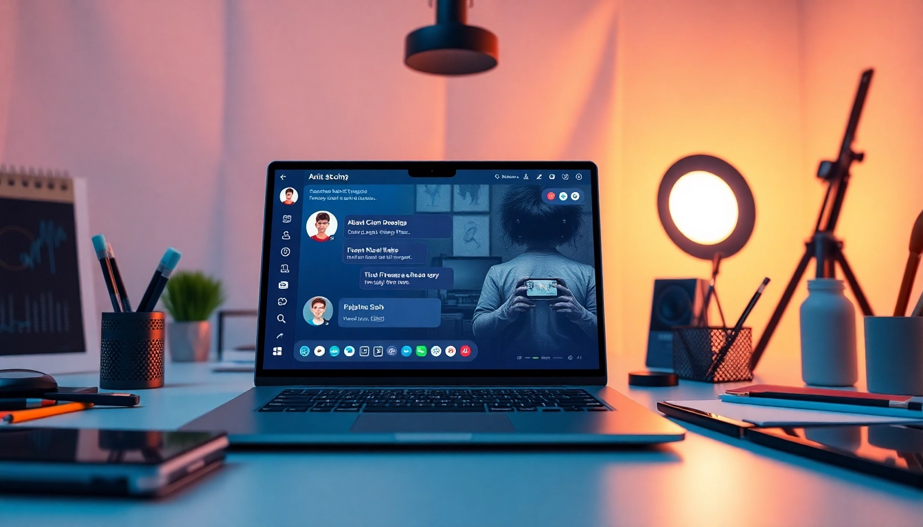 An engaging scene of a user interacting with a vibrant NSFW AI chatbot on a sleek laptop in a cozy digital artist workshop.