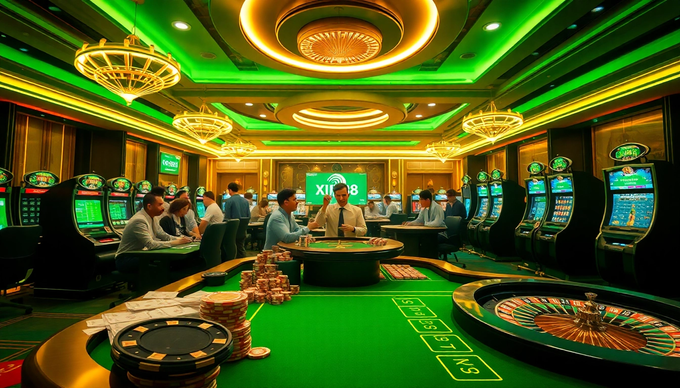 Exciting scene of xin88 thể thao with gamblers at casino tables exploring betting options.