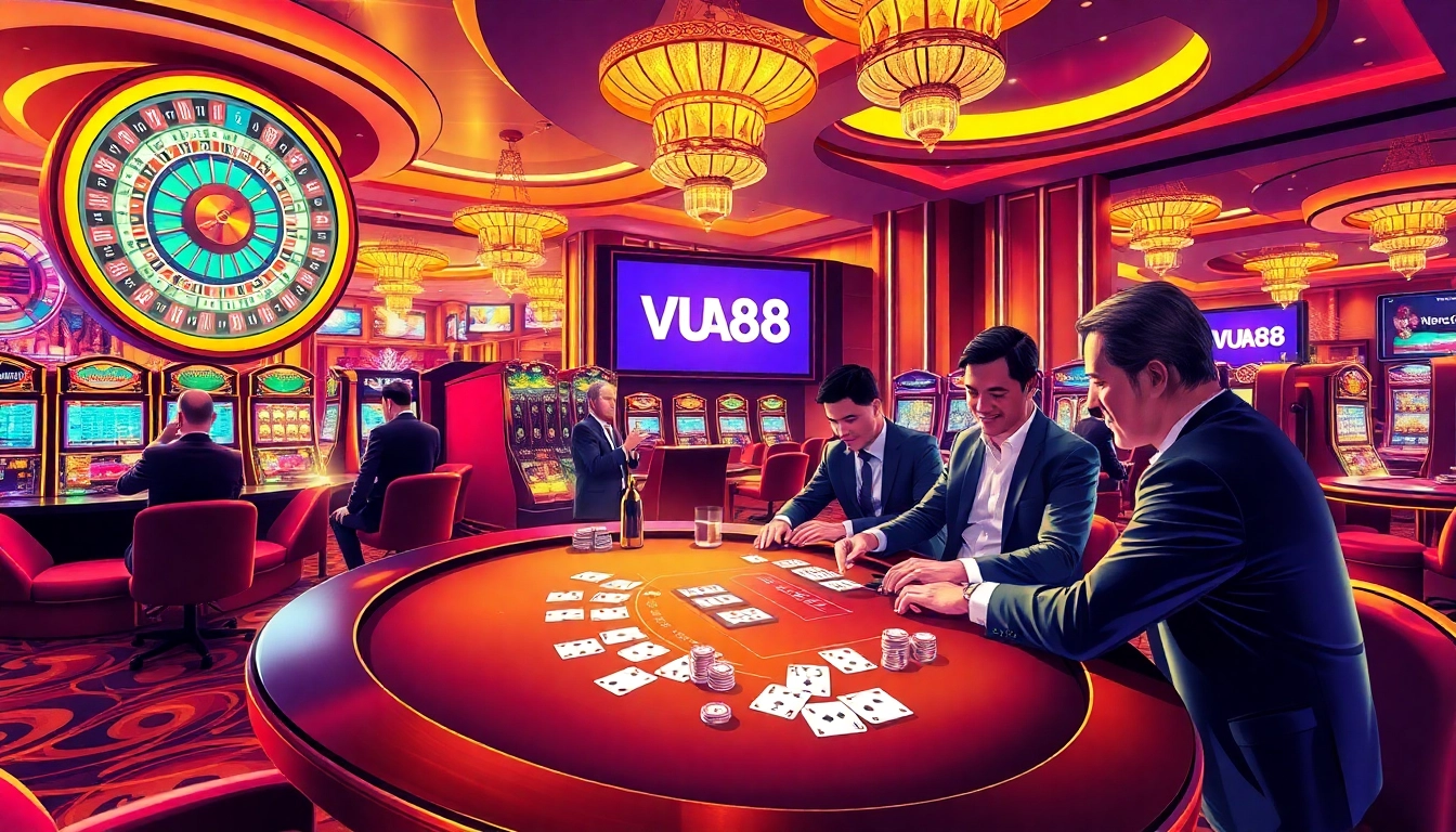 Engage with thrilling games at VUA88.com showcasing poker chips and a roulette wheel.