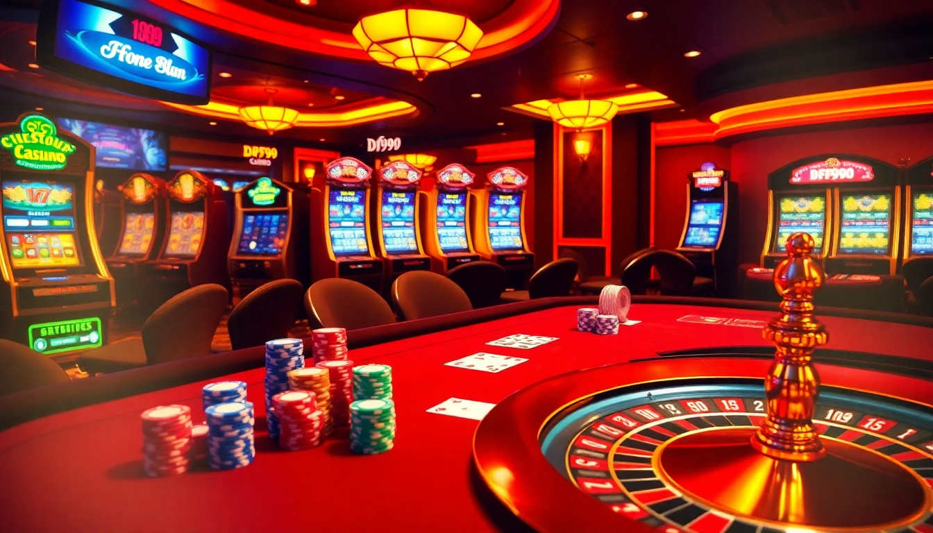 Experience the thrill of online gambling at website DF999 with a luxurious poker scene and vibrant casino ambience.
