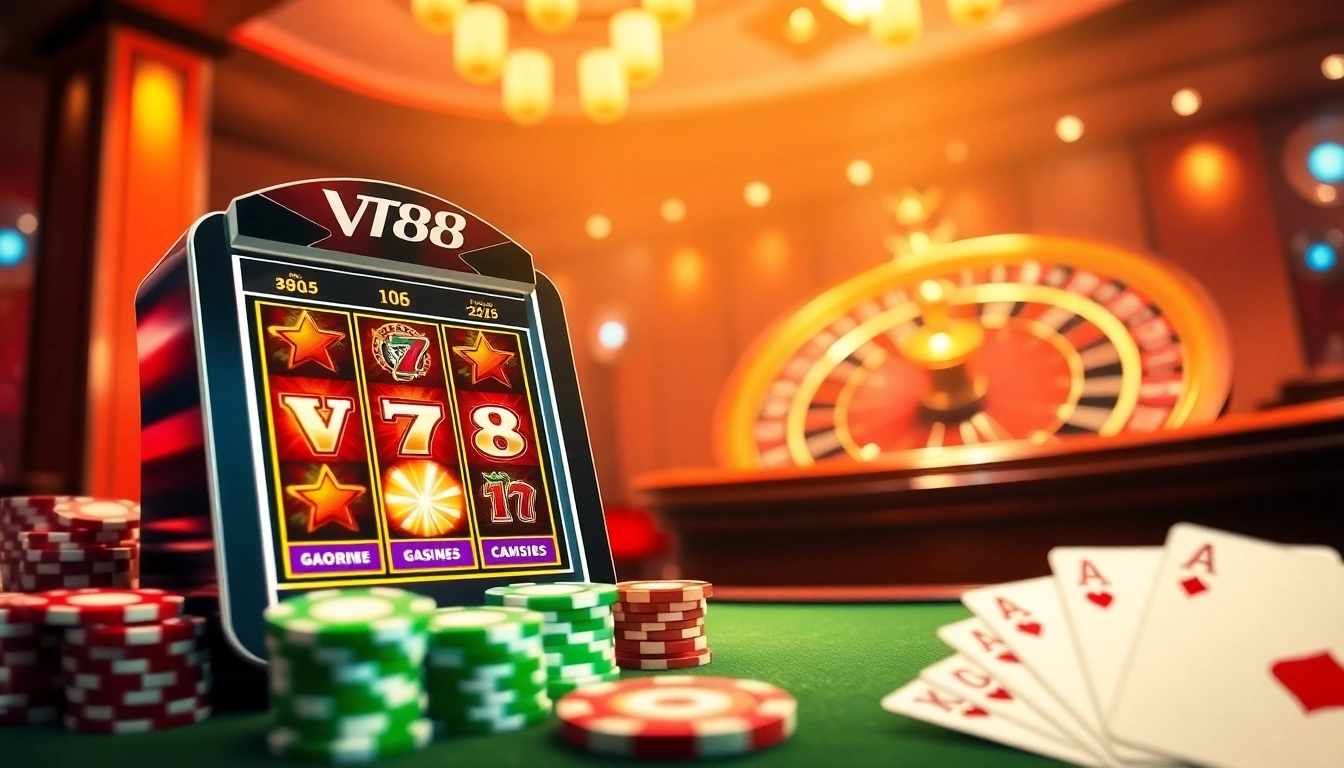 Exciting gameplay at Vt88 nhà cái with a vibrant online casino scene filled with slots and poker chips.