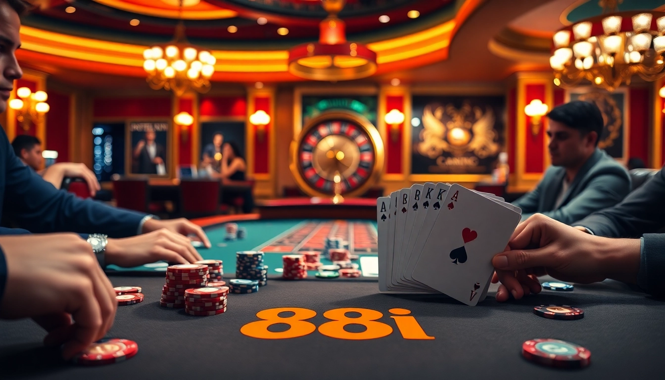 88i-themed poker table showcasing vibrant chips and cards during an intense game.