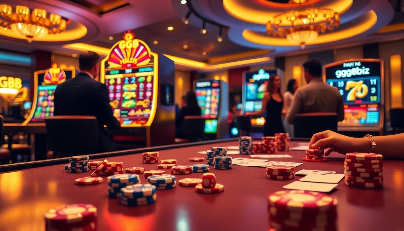 Engaging in high-stakes gameplay at gg88 biz with poker chips and dynamic slot machines.