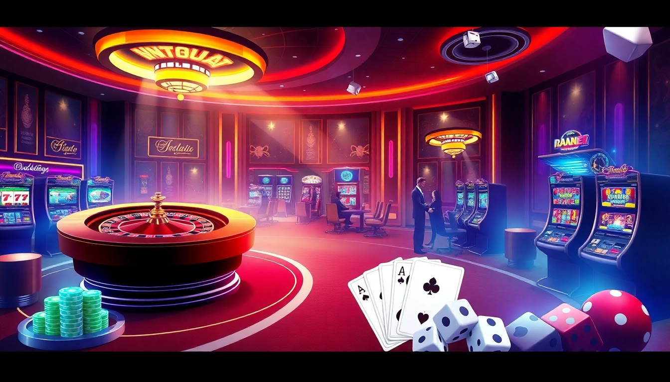 Engaging scene of trang chủ UU88 with vibrant online gambling interfaces showcasing roulette and slot machines.