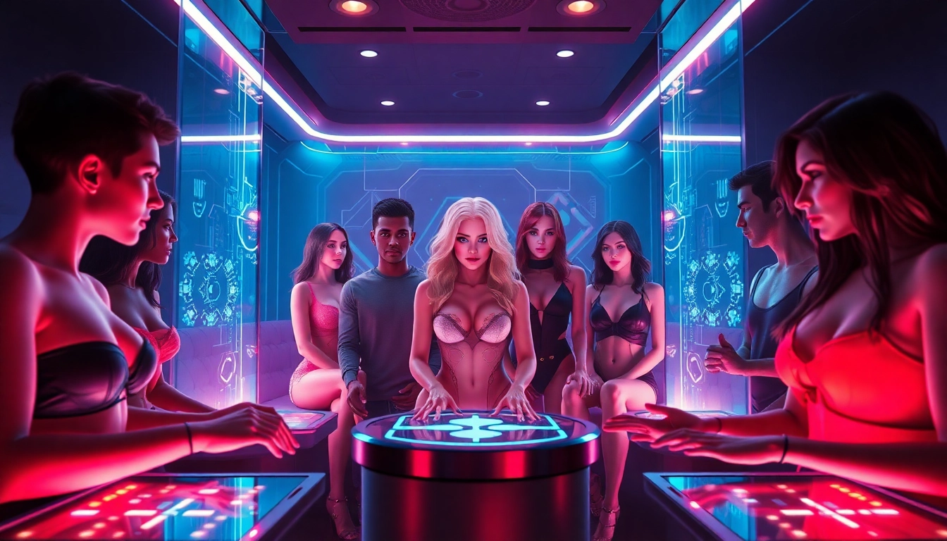Engaging interaction with NSFW character AI avatars in a futuristic digital lounge.