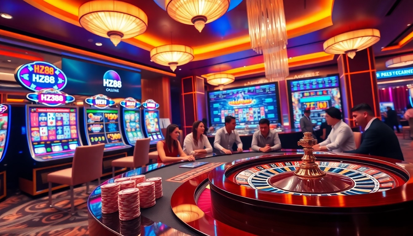 Experience the thrill of playing at HZ88 with vibrant gaming elements like poker chips and a roulette wheel.