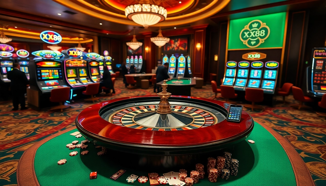 Engaged players at a luxurious casino table, immersed in the thrill of XX88 gambling.