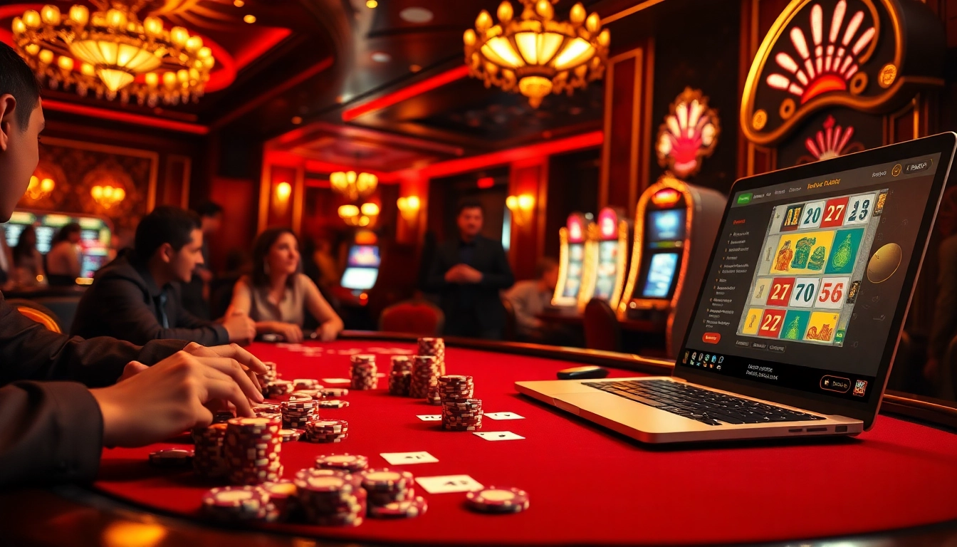 Players enjoying high-stakes poker at a luxurious casino table, featuring the interface from https://kubet77i.ink/.