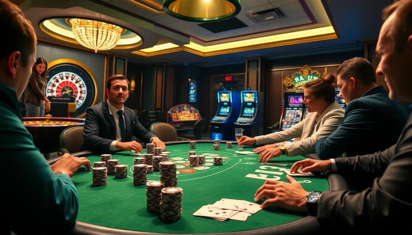 Players enjoying a thrilling poker game at vipwin79 with vibrant chips and cards.