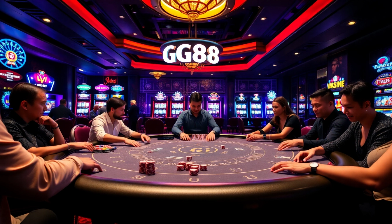 Exciting gaming session at GG88 casino with poker chips and lively players.