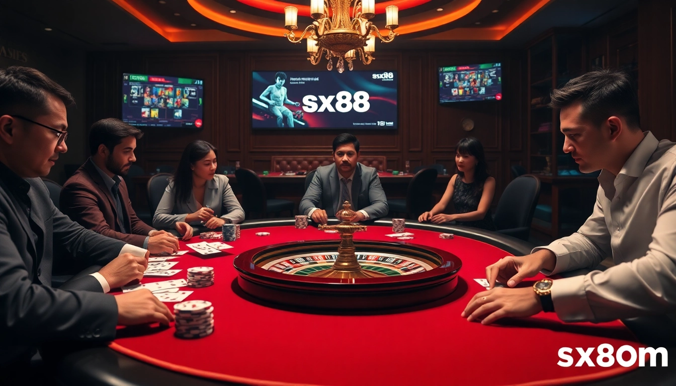SX88 com represents thrilling casino action with poker chips and a roulette wheel in play.