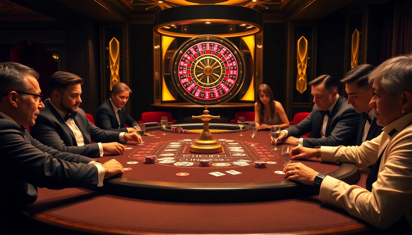 Players enjoy intense poker games at a chandelier-lit table in the luxurious vn23 casino.