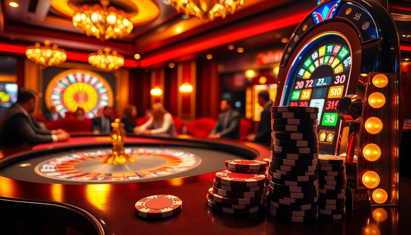 Exciting casino atmosphere with s8 poker chips and a luxurious roulette table.