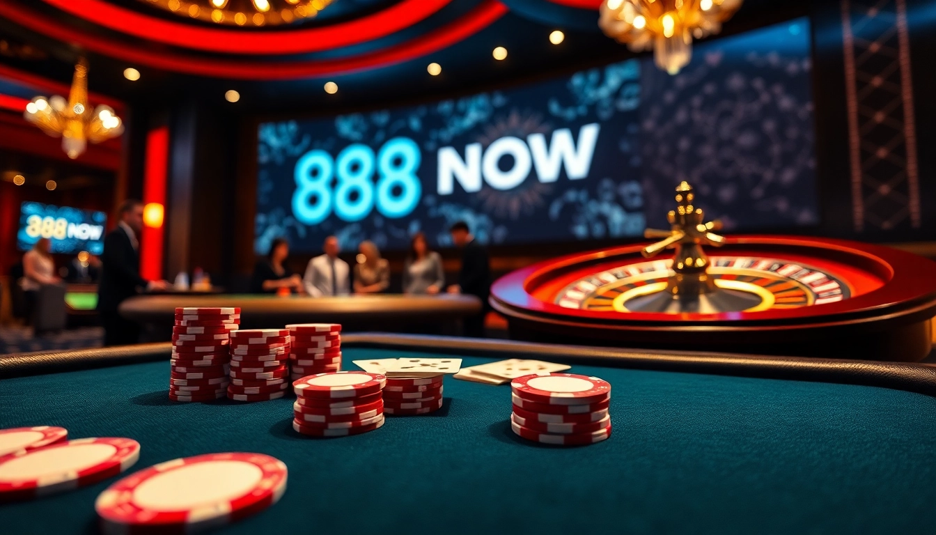 Experience the excitement of 888NOW with players engaged at a luxurious poker table.