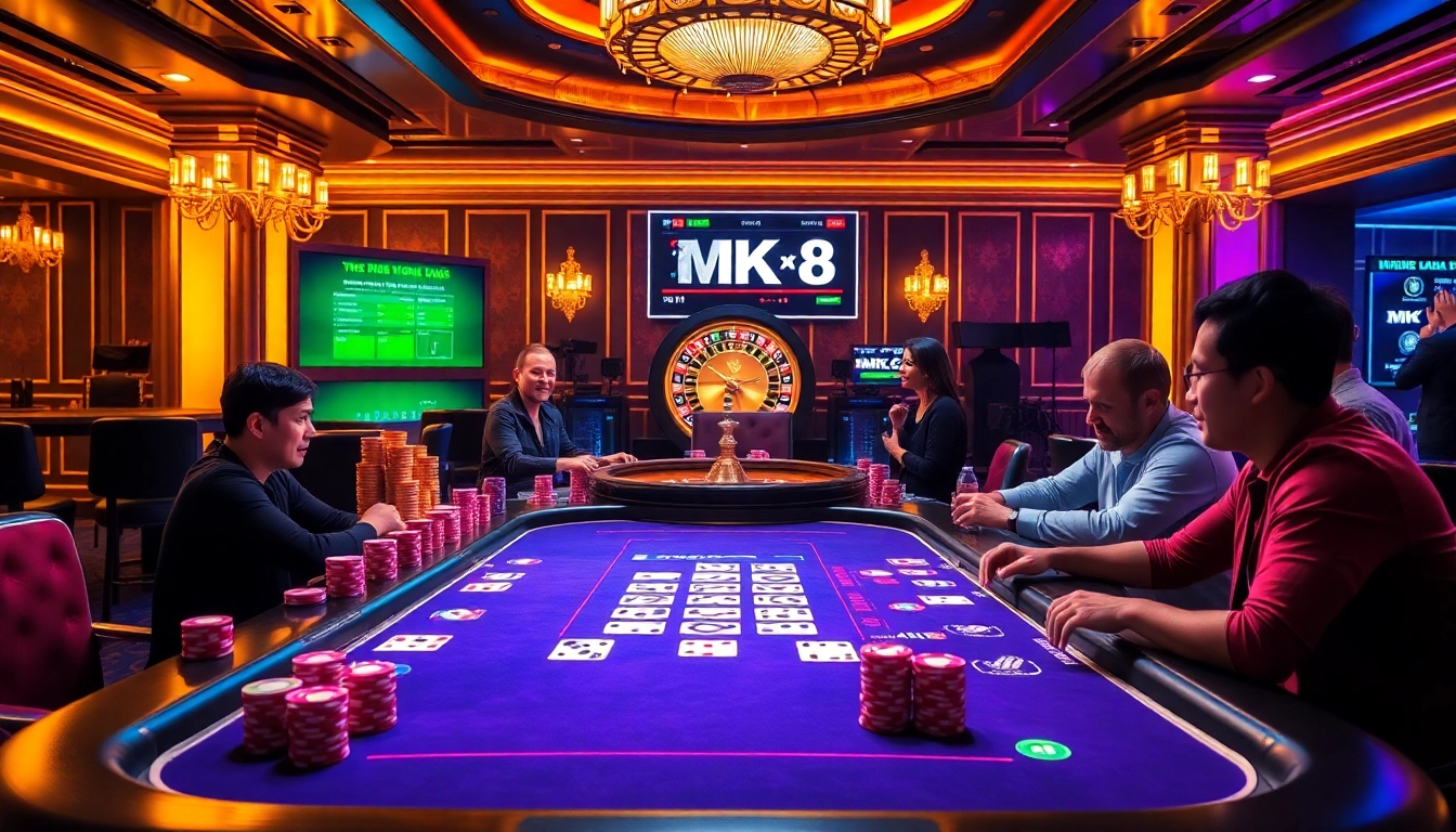 Experience an MK8 betting table surrounded by players and vibrant casino elements for a thrilling gaming atmosphere.