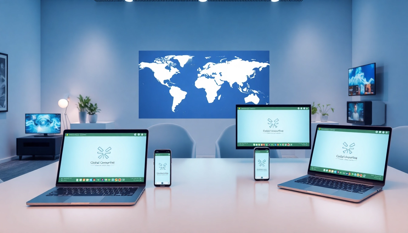 展示于现代设备上的快连官网界面，置于时尚工作区，象征全球连通性与游戏加速。