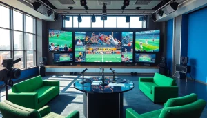 Engaging scene of sports broadcasting showcasing a vibrant studio setup with live events.