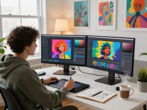 Digital artist using nano banana flash in a modern workspace filled with vibrant AI-generated art, surrounded by creative tools.