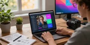 Creative workspace with a user converting video to prompt, showcasing innovative AI technology in action.