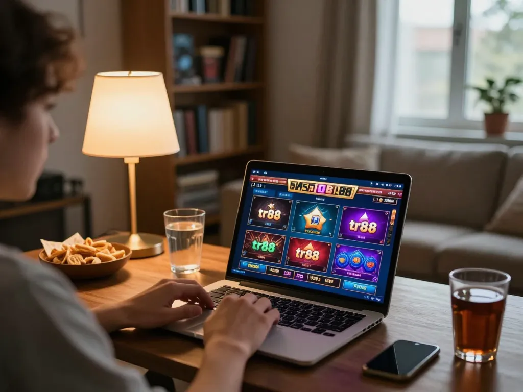 Player engaging with tr88 online casino on laptop in cozy home setting with snacks and drinks.