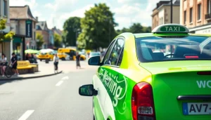 Woking taxi navigating busy streets, showcasing vibrant town life and landmarks.