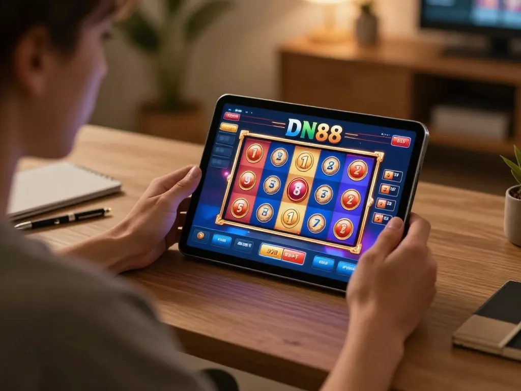 Engaging with DN88 slot games on a tablet while enjoying a cozy home setup