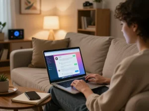 Engaging conversation on sex chat AI in a cozy living room setting, highlighting modern digital interaction.