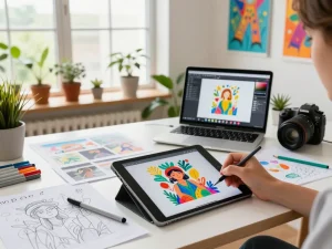 Digital artist using nano banana ai in a bright workspace filled with art supplies and inspiration