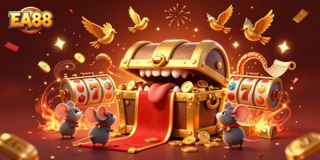 Engage with EA88's thrilling slot reel adventure, showcasing a treasure chest and vibrant game elements.