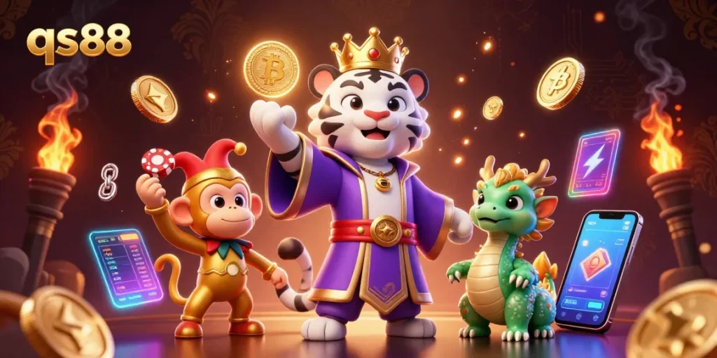 Experience top-tier gaming excitement at qs88 with a vibrant 3D illustration featuring a playful golden monkey and royal tiger.