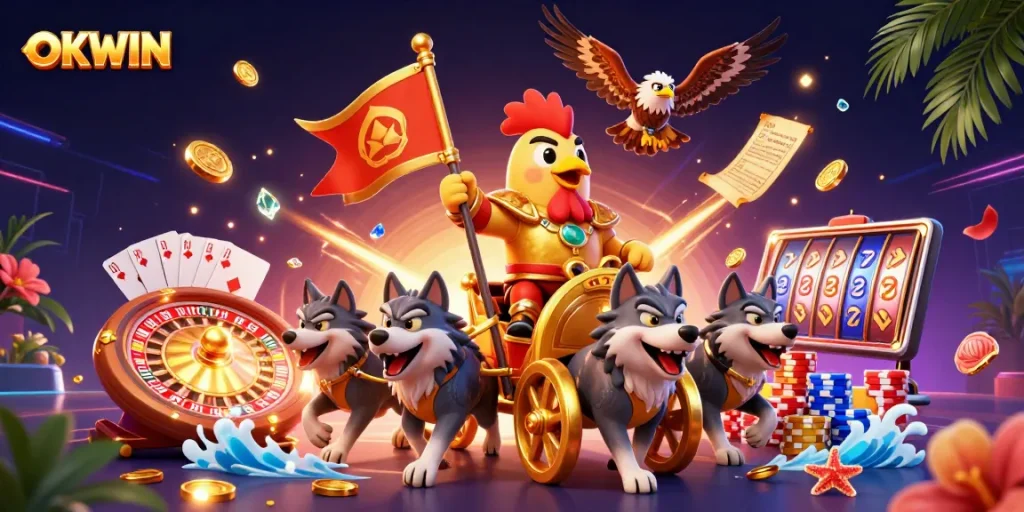 Engage with OKWIN's exciting online gaming universe featuring vibrant 3D casino elements.