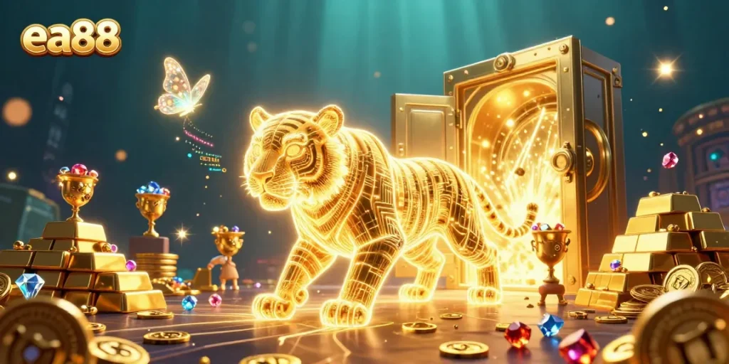 ea88 offers exciting online casino experiences with a neon tiger and vibrant casino visuals.