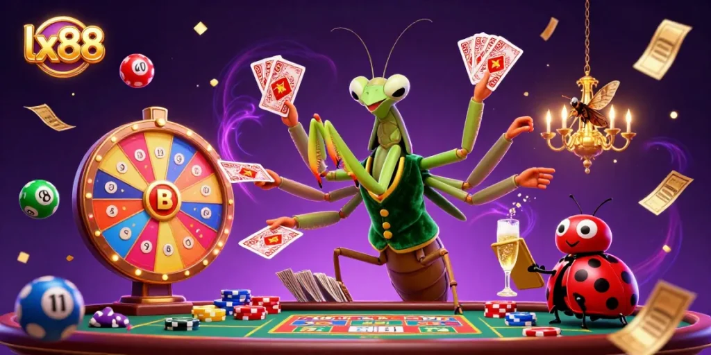 Experience thrilling gaming at lx88 with a vibrant casino scene featuring unique cartoon characters.