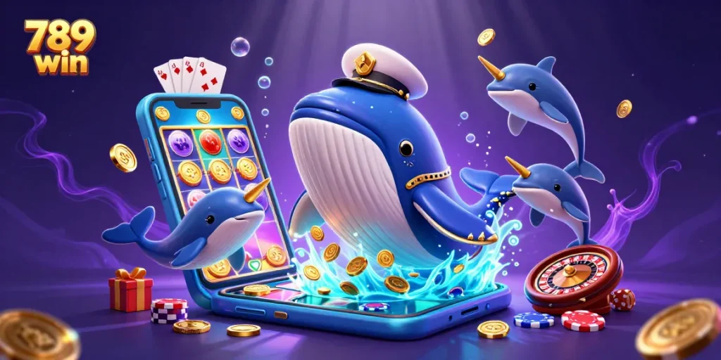 Experience the excitement of 789 win in this vibrant underwater casino scene featuring playful characters and gaming elements.