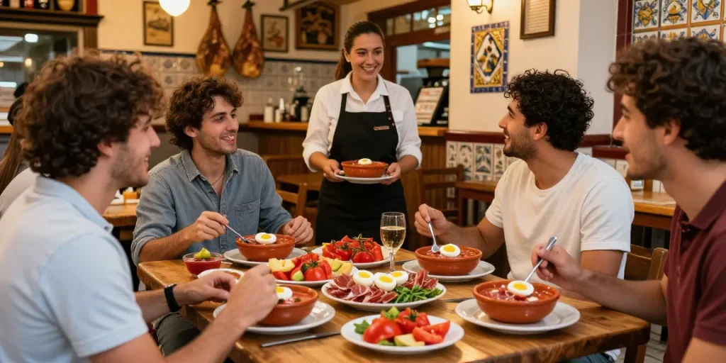 Group sharing salmorejo at a cozy Spanish tapas bar, highlighting the best salmorejo near me experience.