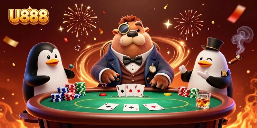 U888 engages players at an underwater poker table with festive flair and exciting gaming elements.