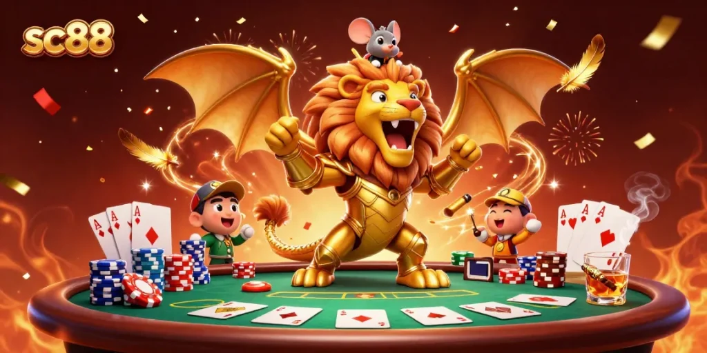 Experience sc88 with a vibrant poker showdown featuring a chimera and mouse jockey.
