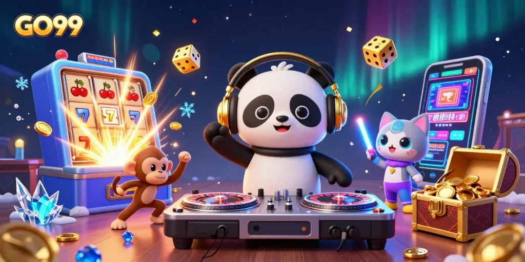 Experience excitement at GO99 with vibrant gaming action, featuring a DJ panda and a breakdancing monkey.