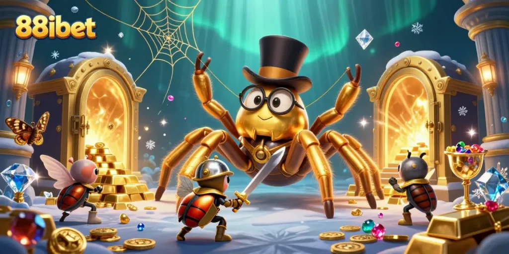 Experience excitement at 88ibet with a brave beetle knight and a golden tarantula in a vibrant casino scene.