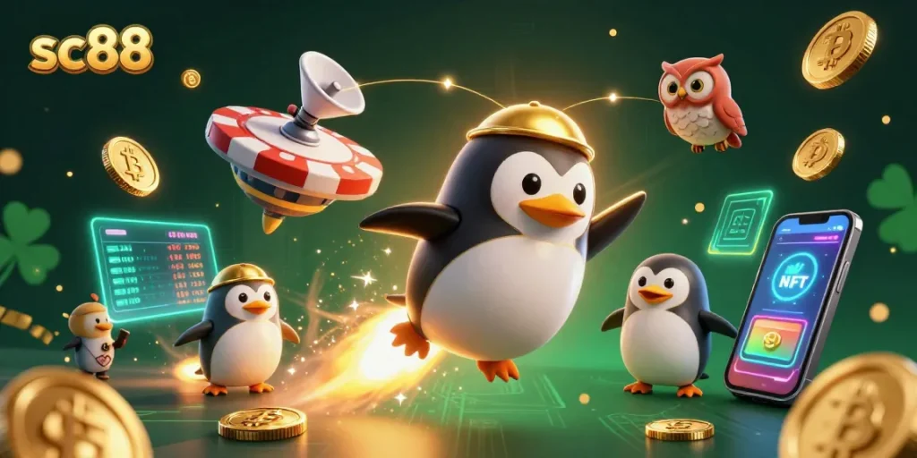 Sc88 penguin rockets through space to a vibrant casino station collecting crypto coins.