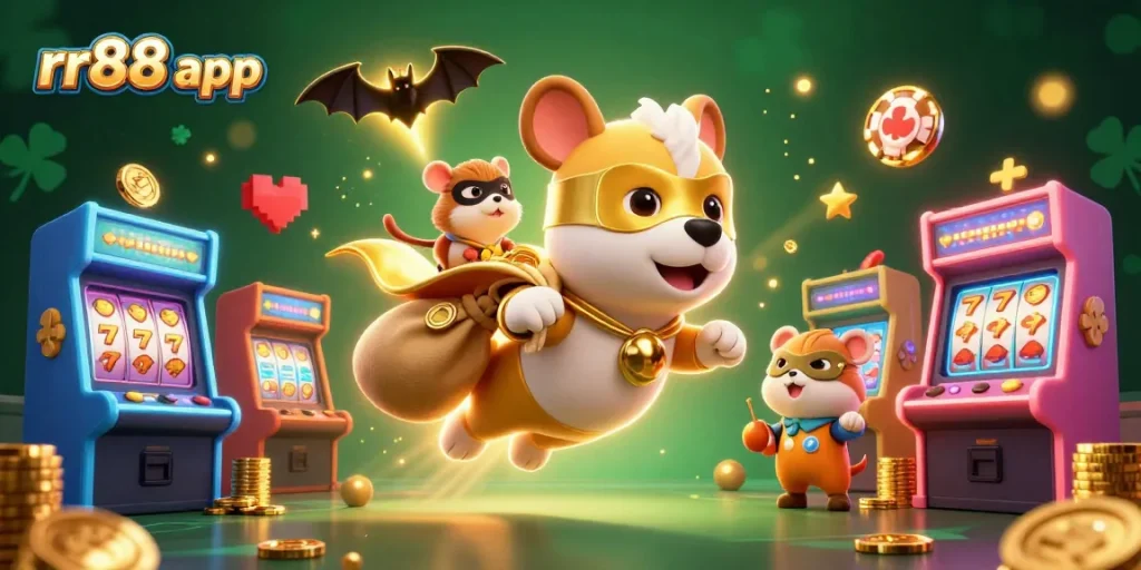 Experience the excitement of rr88 app through a vibrant 3D illustration showcasing animated casino elements and adventurous characters.